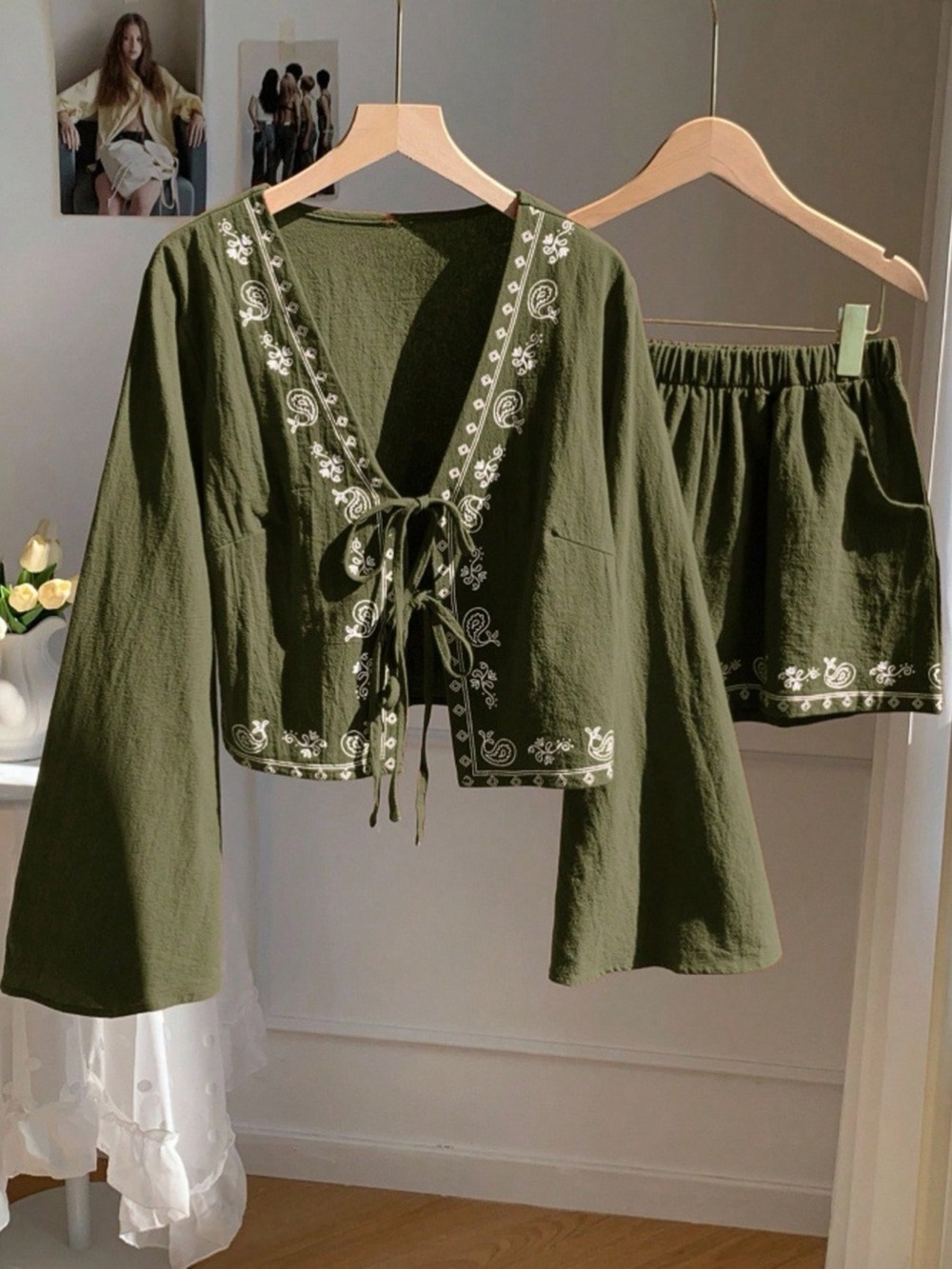 💚 Hello Gorgeous! COTTON Embroidered Tie-Front Top and Pants Set- Army Green